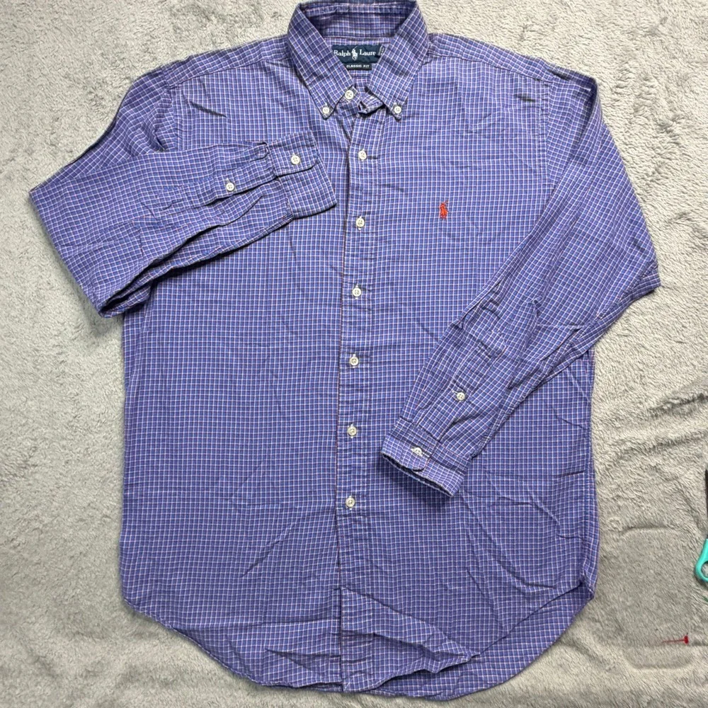 Ralph Lauren Mens Classic Fit Blue Red Plaid Button Down Shirt Medium Long Sleev